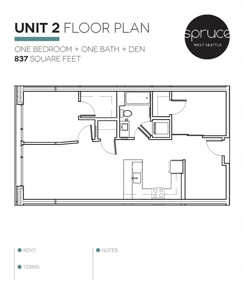 Floor plan for 1 bed, 1 bath, 837 sqft
